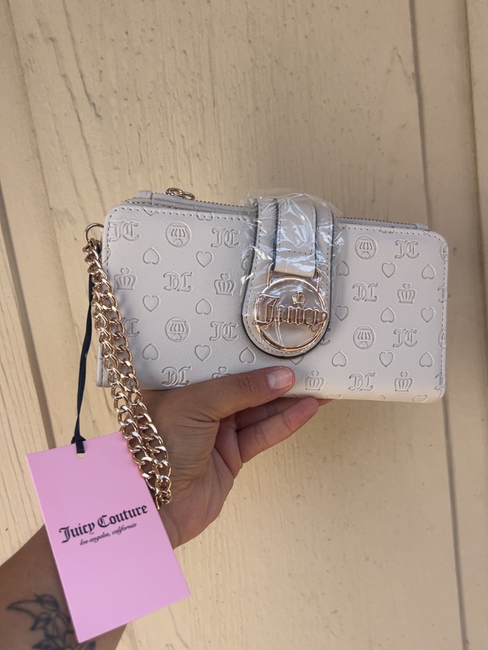 Juicy Couture Cream Embossed Logo Wristlet Wallet with Gold Chain